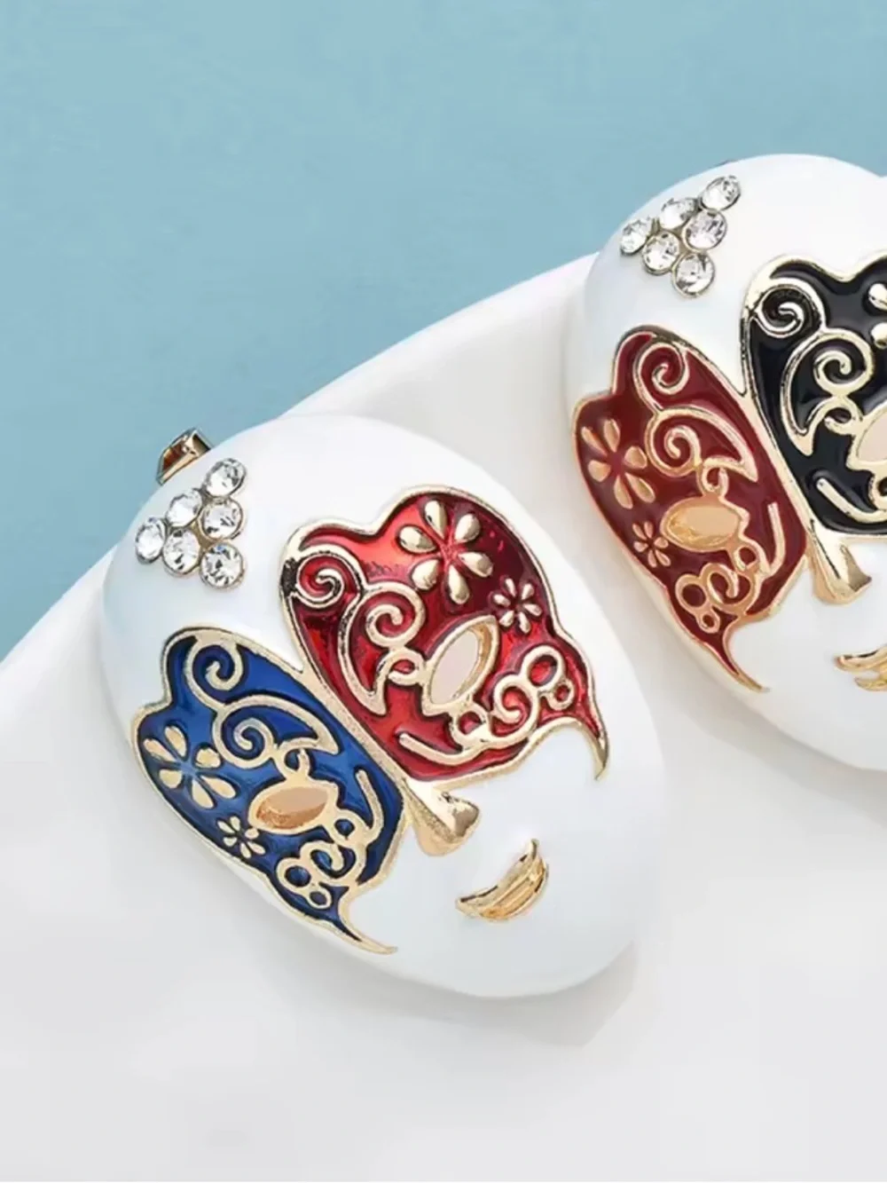 Luxury Venetian Mask Brooch – Red & Blue Enamel Statement Pin